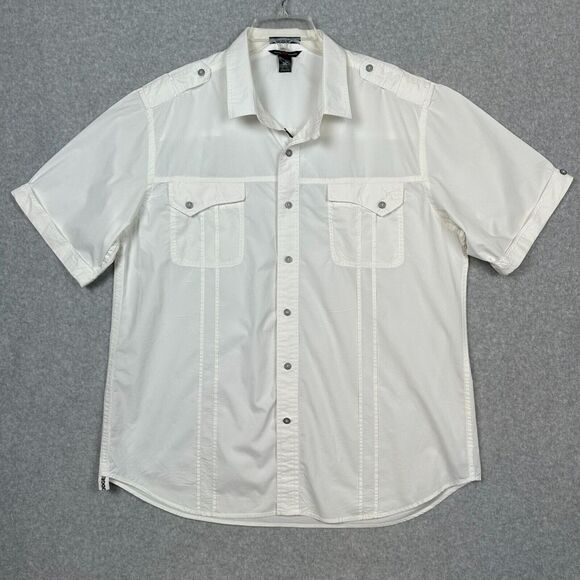 Artful Dodger Camp Shirt Mens 3XL White Chest Pockets Pleated Tab Collar Epaulet - Picture 1 of 16